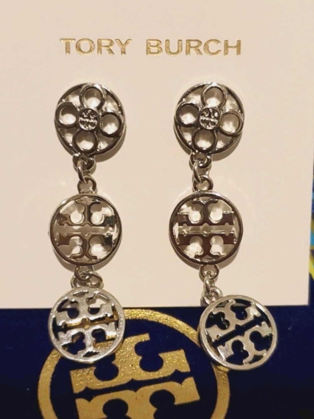 Tory Burch silver triple logo drop earrings MSRP $149 - Picture 5 of 5